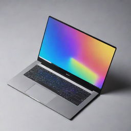 A sleek, modern laptop with a large HD screen, a brushed metal body, black chiclet keyboard, and reflective trackpad. The screen displays a colorful desktop wallpaper.