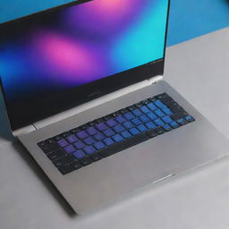 A sleek, modern laptop with a large HD screen, a brushed metal body, black chiclet keyboard, and reflective trackpad. The screen displays a colorful desktop wallpaper.