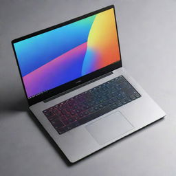 A sleek, modern laptop with a large HD screen, a brushed metal body, black chiclet keyboard, and reflective trackpad. The screen displays a colorful desktop wallpaper.