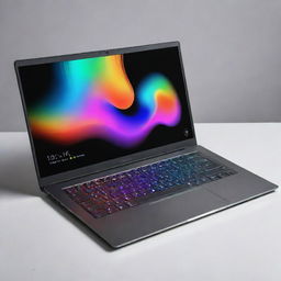 A sleek, modern laptop with a large HD screen, a brushed metal body, black chiclet keyboard, and reflective trackpad. The screen displays a colorful desktop wallpaper.