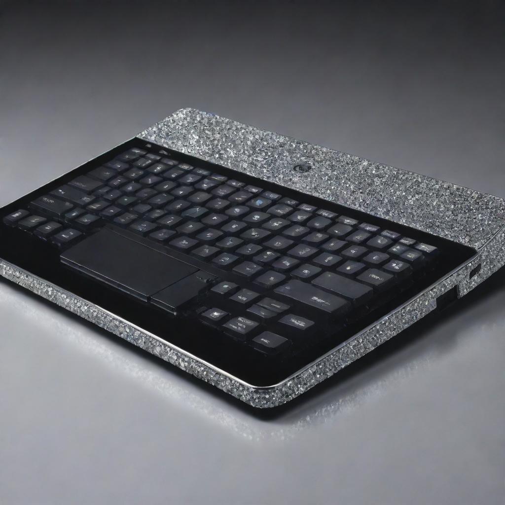 Modify the previous laptop to embody opulence. It features diamond encrusted edges, a platinum body, and a high-resolution touchscreen display. The keyboard keys are made from pure obsidian, elevating its luxurious appeal.