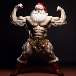 A supernatural Santa Claus showing off inhumanely large muscles, powered by the festive spirit, challenging the earthly limits of human physique.