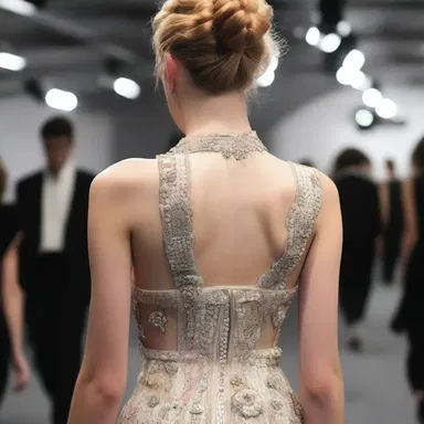 The complicated dress with intricate buttons and zippers proved to be frustrating for the model to put on backstage.