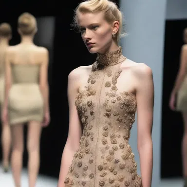 The complicated dress with intricate buttons and zippers proved to be frustrating for the model to put on backstage.