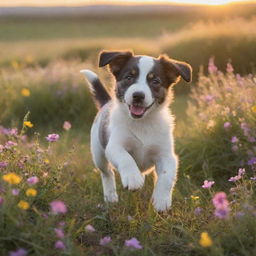 A playful puppy chasing its own tail in a meadow filled with colourful wildflowers as the sun begins to set, dappling light across the scene.