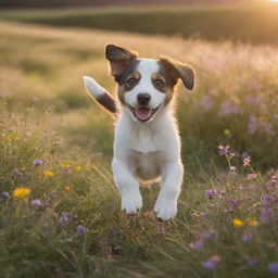 A playful puppy chasing its own tail in a meadow filled with colourful wildflowers as the sun begins to set, dappling light across the scene.