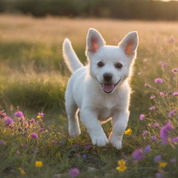 A playful puppy chasing its own tail in a meadow filled with colourful wildflowers as the sun begins to set, dappling light across the scene.