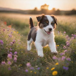 A playful puppy chasing its own tail in a meadow filled with colourful wildflowers as the sun begins to set, dappling light across the scene.