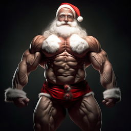 A supernatural Santa Claus showing off inhumanely large muscles, powered by the festive spirit, challenging the earthly limits of human physique.