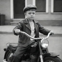 A young boy seated on a vintage motorcycle, gripping the handles with confidence. No gun should be visible to keep the image peaceful and appropriate.