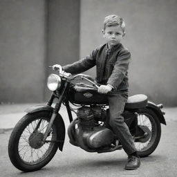 A young boy seated on a vintage motorcycle, gripping the handles with confidence. No gun should be visible to keep the image peaceful and appropriate.