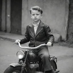 A young boy seated on a vintage motorcycle, gripping the handles with confidence. No gun should be visible to keep the image peaceful and appropriate.