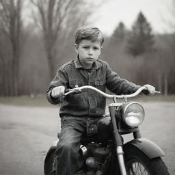 A young boy seated on a vintage motorcycle, gripping the handles with confidence. No gun should be visible to keep the image peaceful and appropriate.