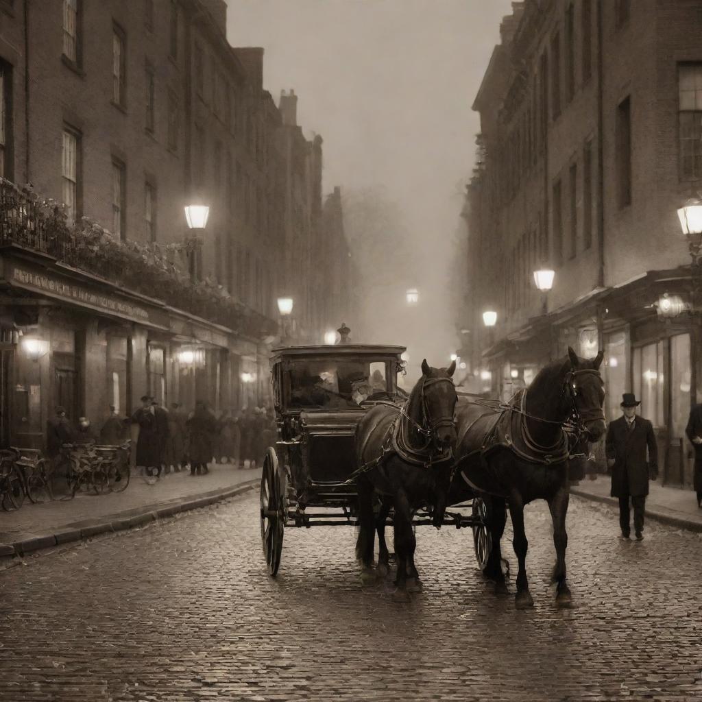 A sepia-toned scene brimming with vintage charm, featuring cobblestone streets, gas-lit lanterns, horse-drawn carriages, and men and women donned in Edwardian fashion.