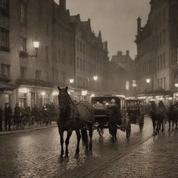 A sepia-toned scene brimming with vintage charm, featuring cobblestone streets, gas-lit lanterns, horse-drawn carriages, and men and women donned in Edwardian fashion.