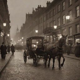 A sepia-toned scene brimming with vintage charm, featuring cobblestone streets, gas-lit lanterns, horse-drawn carriages, and men and women donned in Edwardian fashion.