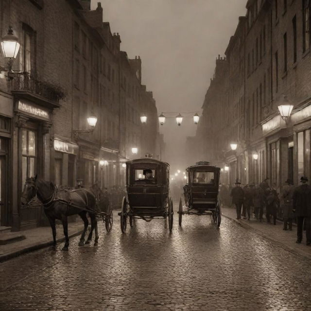 A sepia-toned scene brimming with vintage charm, featuring cobblestone streets, gas-lit lanterns, horse-drawn carriages, and men and women donned in Edwardian fashion.