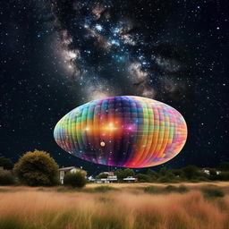 A house in the shape of a blimp, gracefully floating through a vibrant galaxy teeming with multi-coloured stars and celestial bodies.