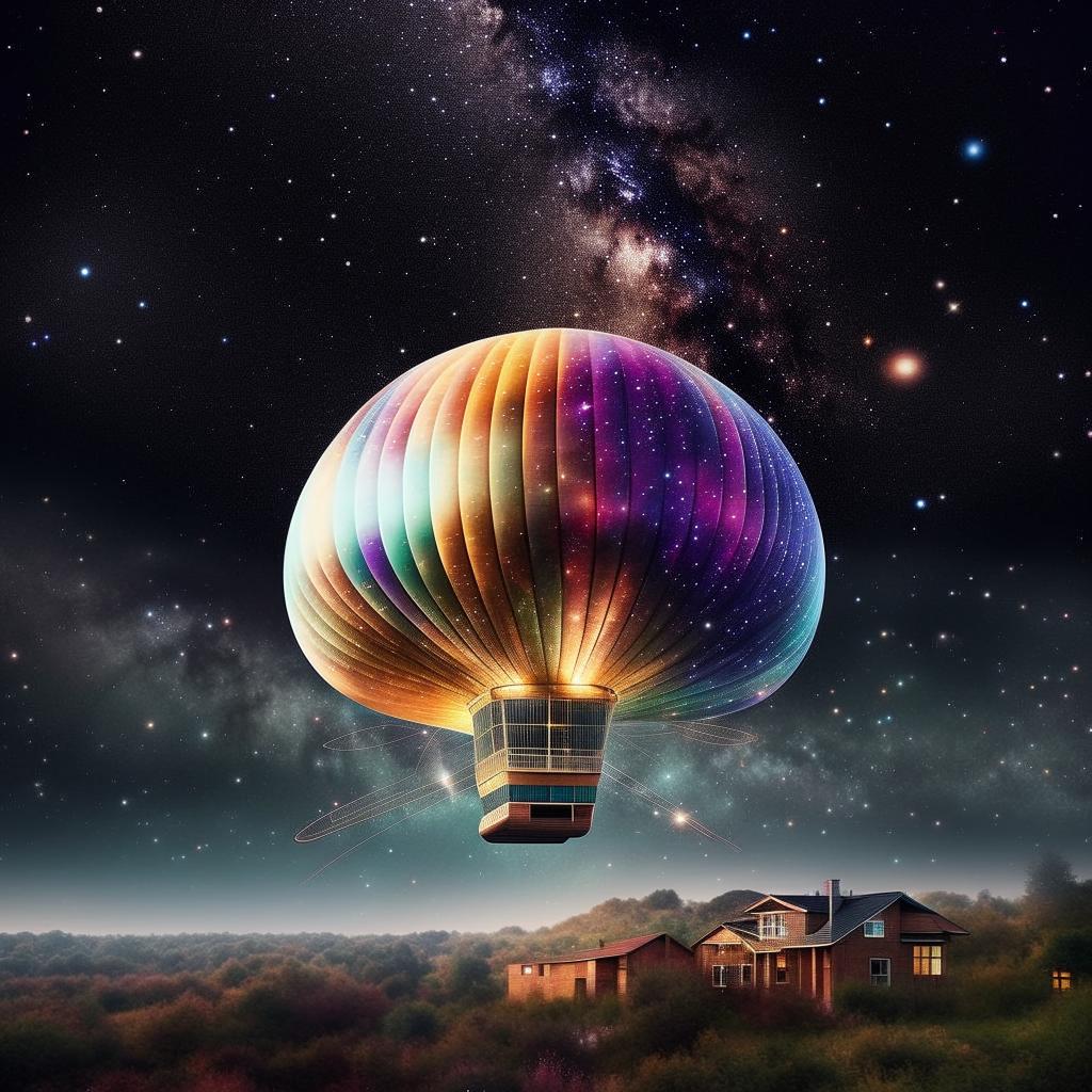 A house in the shape of a blimp, gracefully floating through a vibrant galaxy teeming with multi-coloured stars and celestial bodies.