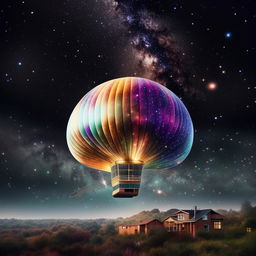 A house in the shape of a blimp, gracefully floating through a vibrant galaxy teeming with multi-coloured stars and celestial bodies.