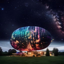 A house in the shape of a blimp, gracefully floating through a vibrant galaxy teeming with multi-coloured stars and celestial bodies.