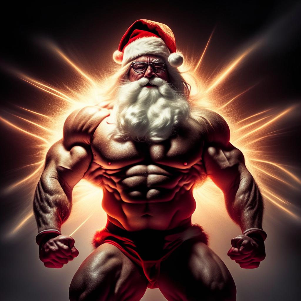 Santa Claus demonstrating supernatural muscular strength with radiant energy emanating from him, signifying his massive power.