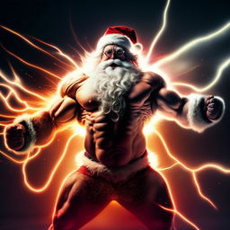 Santa Claus demonstrating supernatural muscular strength with radiant energy emanating from him, signifying his massive power.