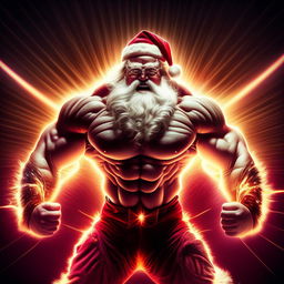 Santa Claus demonstrating supernatural muscular strength with radiant energy emanating from him, signifying his massive power.