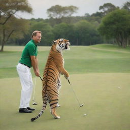 A majestic king in his royal attire playing a game of golf with a playful yet powerful tiger on a lush green course