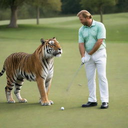 A majestic king in his royal attire playing a game of golf with a playful yet powerful tiger on a lush green course