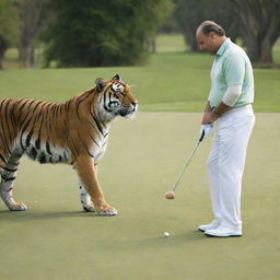 A majestic king in his royal attire playing a game of golf with a playful yet powerful tiger on a lush green course