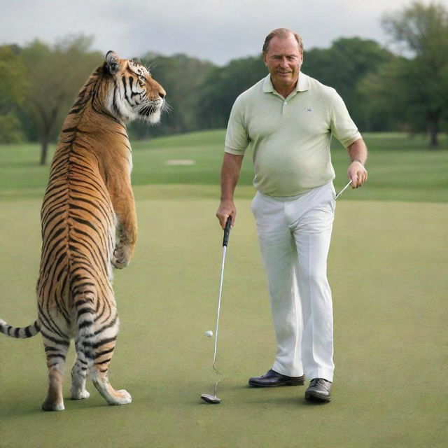 A majestic king in his royal attire playing a game of golf with a playful yet powerful tiger on a lush green course