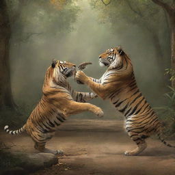 Portray an artistic representation of a scene where a majestic king engages in a symbolic duel against a powerful tiger.