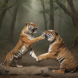 Portray an artistic representation of a scene where a majestic king engages in a symbolic duel against a powerful tiger.