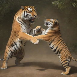 Portray an artistic representation of a scene where a majestic king engages in a symbolic duel against a powerful tiger.