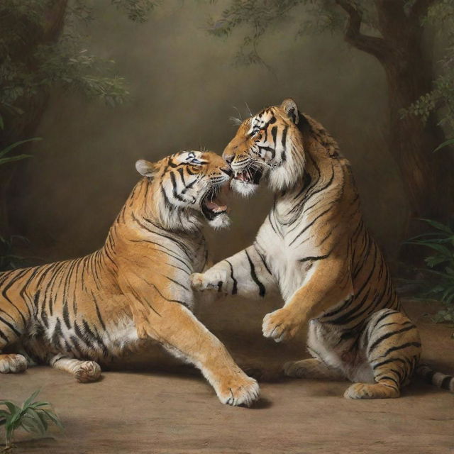 Portray an artistic representation of a scene where a majestic king engages in a symbolic duel against a powerful tiger.