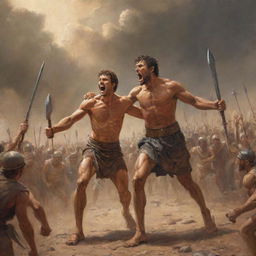 A dramatic and detailed artistic illustration of the biblical scene of David and Goliath, featuring David's triumphant victory