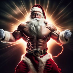 Santa Claus demonstrating supernatural muscular strength with radiant energy emanating from him, signifying his massive power.