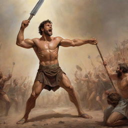 A dramatic and detailed artistic illustration of the biblical scene of David and Goliath, featuring David's triumphant victory