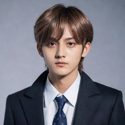 Anime style character resembling Kim Taehyung, dressed stylishly, with expressive eyes and a charismatic aura.