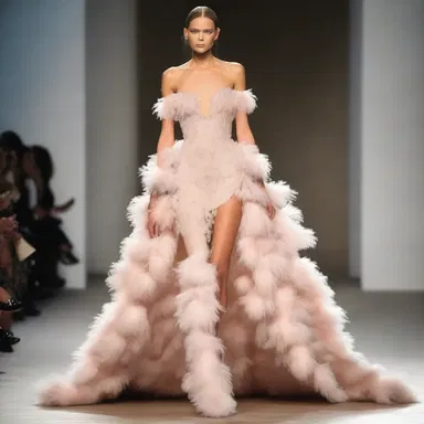 The runway model gracefully strutted down the catwalk in a stunning feathery gown that made heads turn.