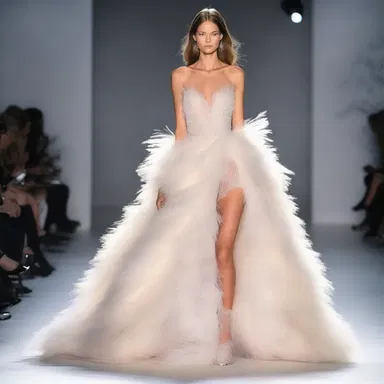 The runway model gracefully strutted down the catwalk in a stunning feathery gown that made heads turn.