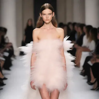 The runway model showcased an elegant feathery dress with layers of delicate feathers around the hemline.