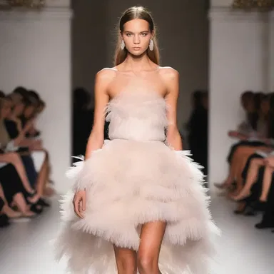 The runway model showcased an elegant feathery dress with layers of delicate feathers around the hemline.
