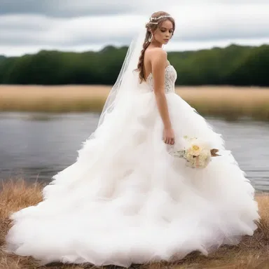 The bride looked stunning in her feathery wedding dress, as if she was floating on a cloud.