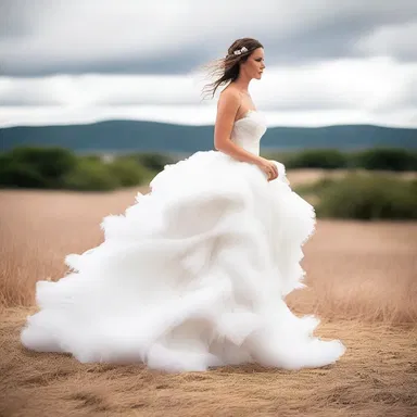 The bride looked stunning in her feathery wedding dress, as if she was floating on a cloud.