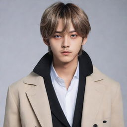 Anime style character resembling Kim Taehyung, dressed stylishly, with expressive eyes and a charismatic aura.