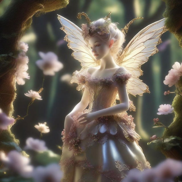 A hyper-realistic 3D render capturing a rococo-styled fairy in a forest