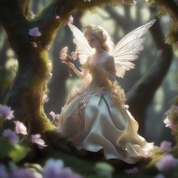 A hyper-realistic 3D render capturing a rococo-styled fairy in a forest