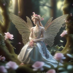 A hyper-realistic 3D render capturing a rococo-styled fairy in a forest